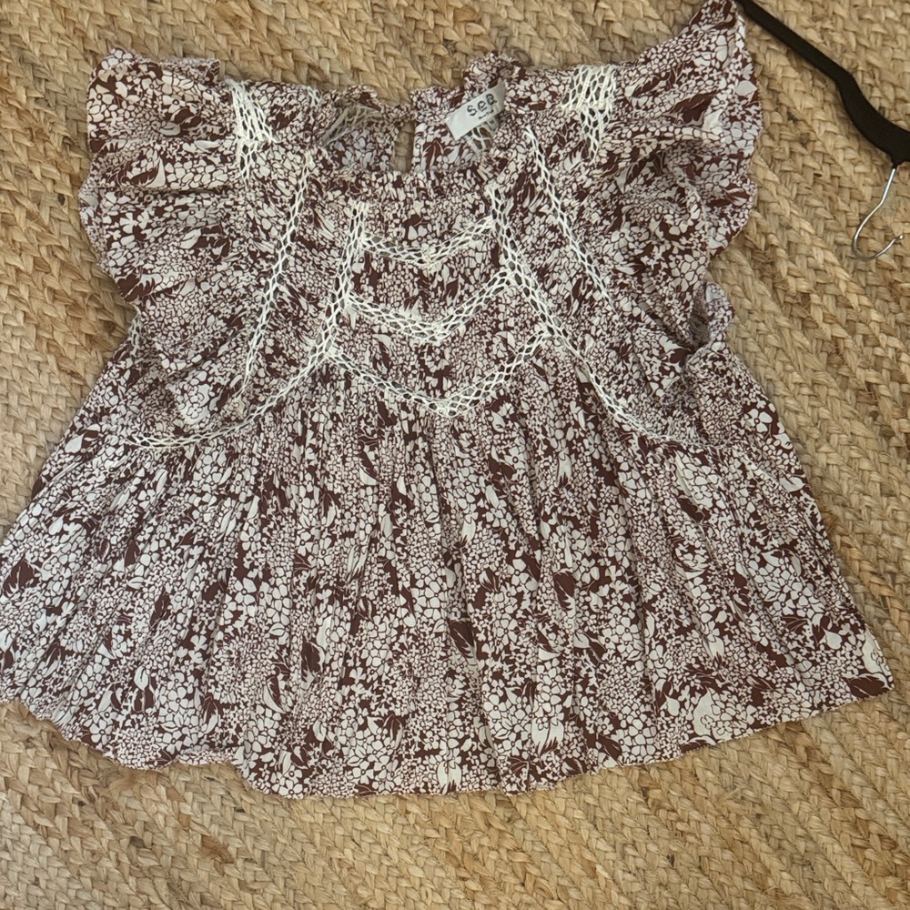 Sea New York Floral Lace Trim Blouse in Brown and Cream